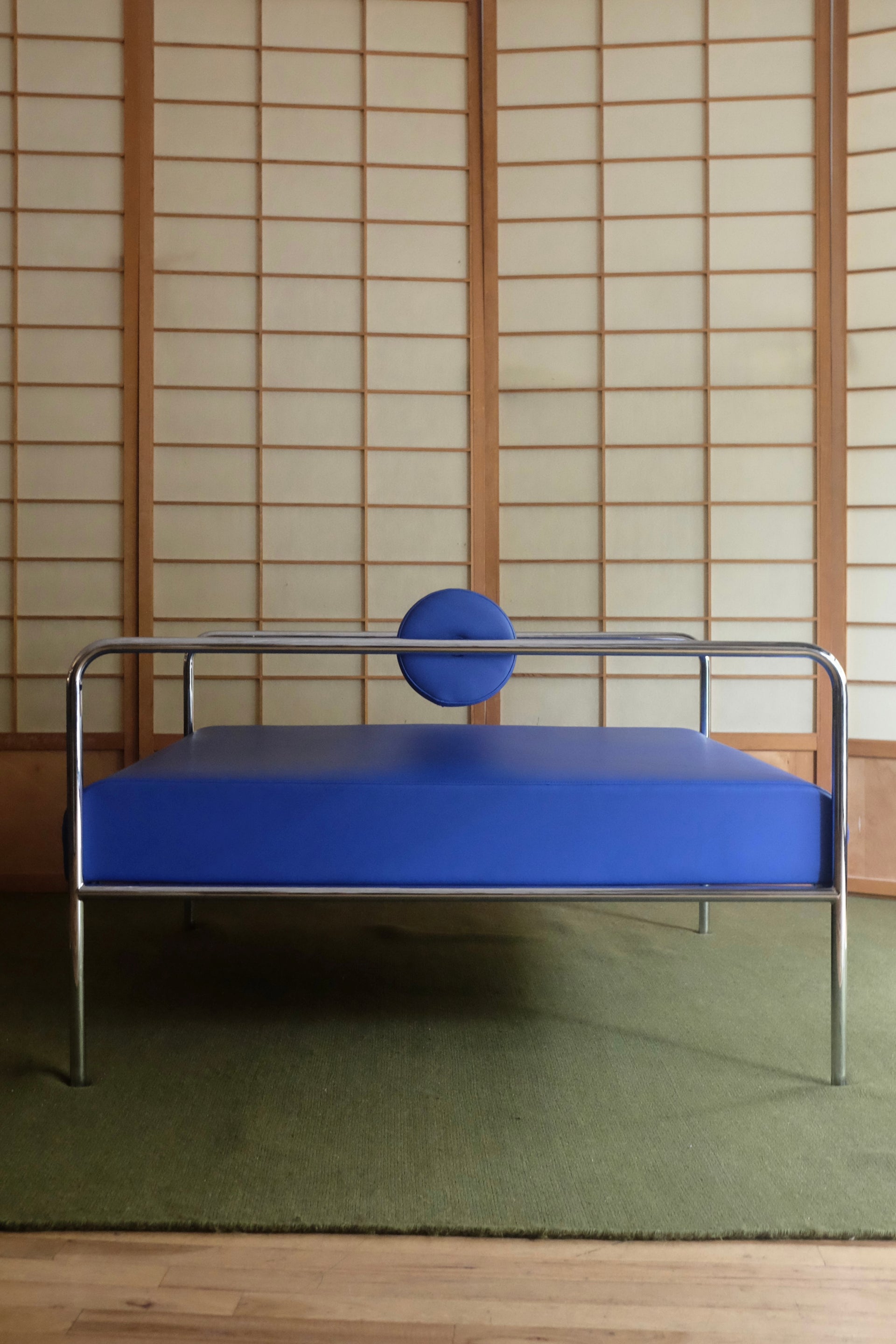 RENT: Blue Chrome Vinyl Shiro Chair