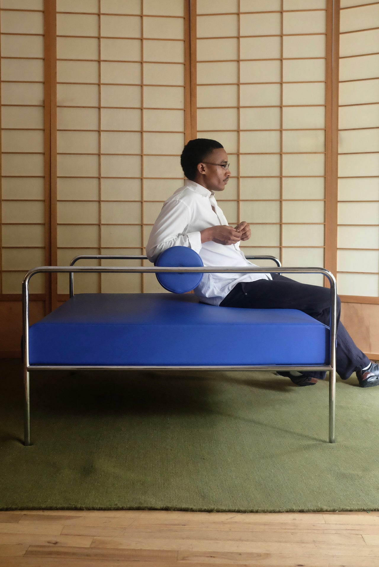 RENT: Blue Chrome Vinyl Shiro Chair