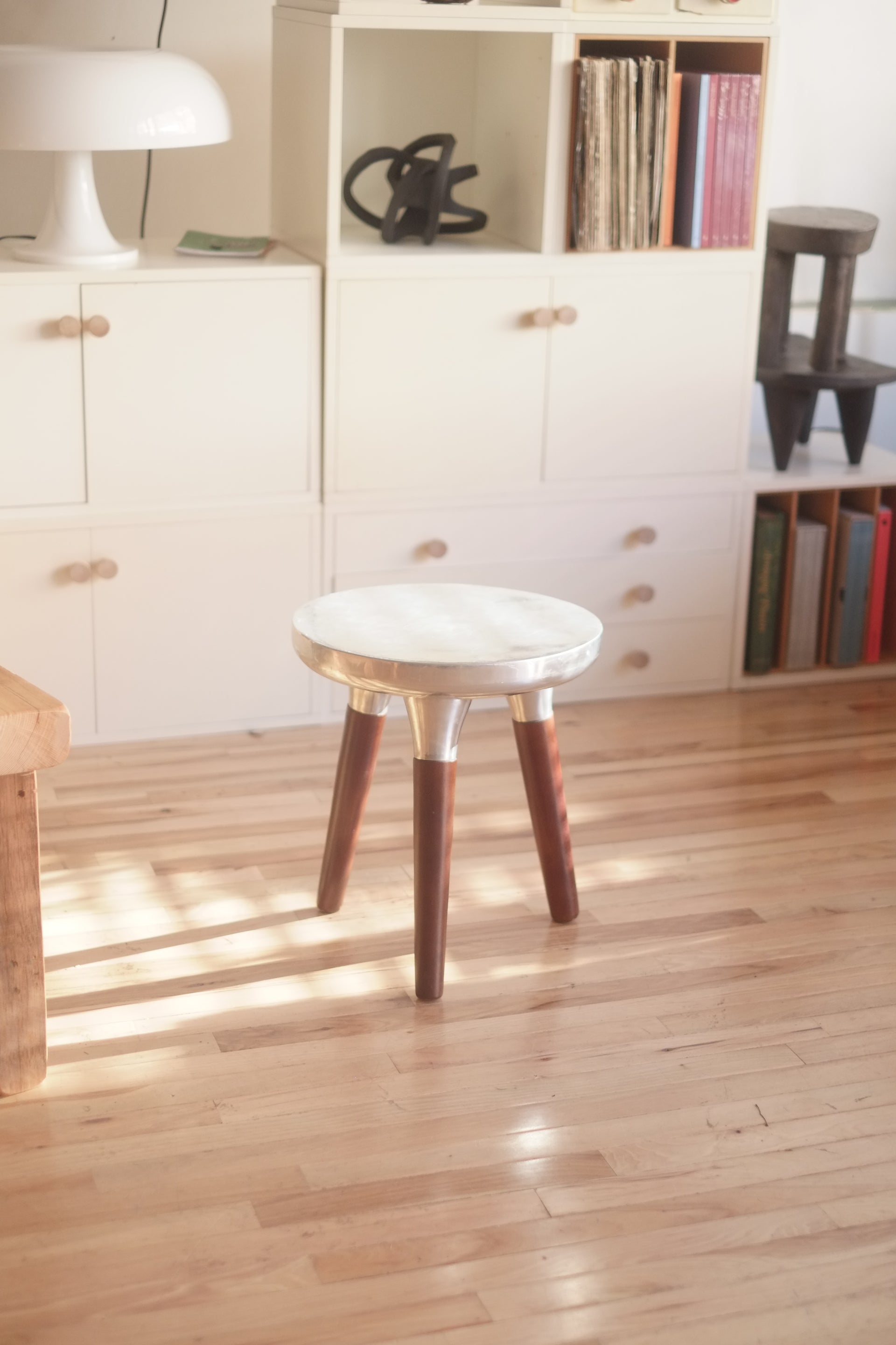 RENT: Metal and wood tripod side table/ stool